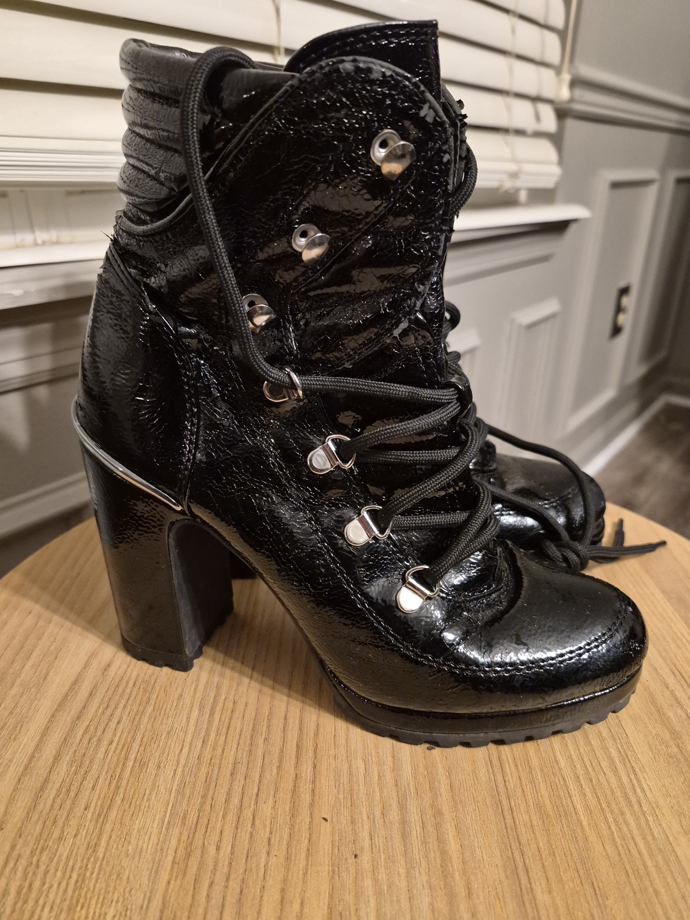 DKNY Black Patent Lace-Up Block Heel Ankle Boots